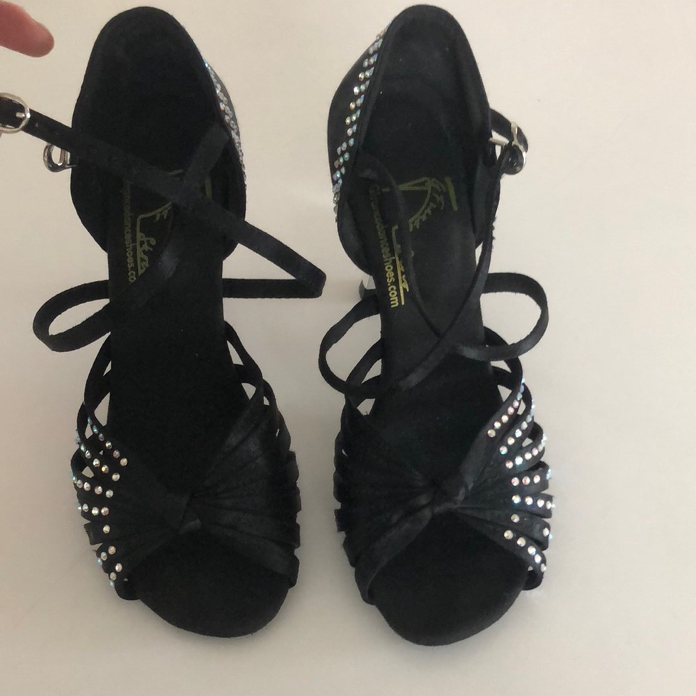 Salsa dancing shoes, 3” silver heel, black satin with iridescent stones size 5.5